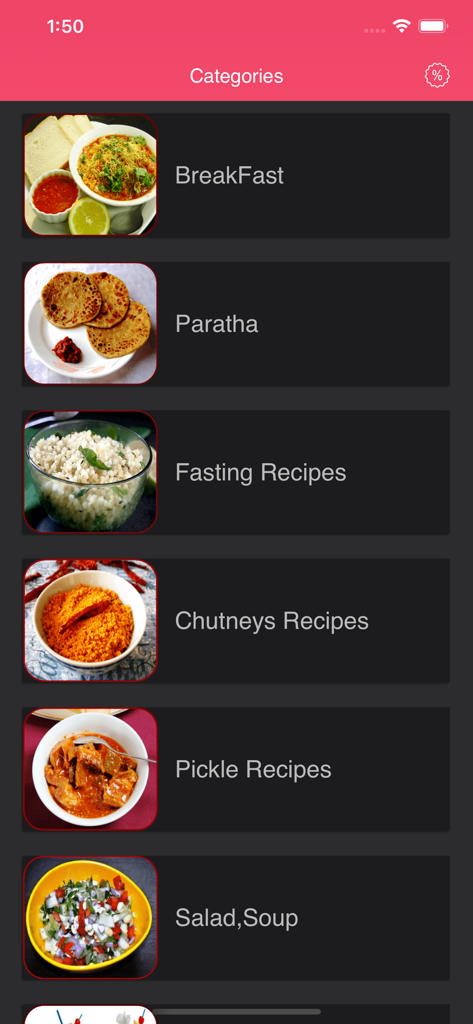 Healthy Food Recipes - Yummy - Eine Liste von Kochkategorien für indische Gerichte wie Frühstücks-Paratha und Fastenrezepte in der Healthy Food Recipes App