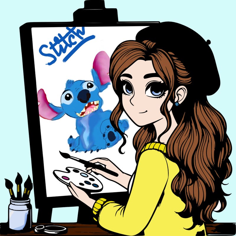 realistic girl artist painting a blank canvas