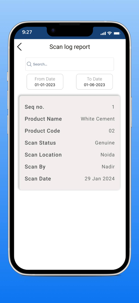 JK Disha - Interfaz de la aplicación móvil JK Disha que muestra un informe de registro de escaneo para el seguimiento de cemento blanco, incluido el estado y la ubicación.