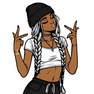 realistic teenage girl with braids and a beanie and crop top doing 🫶🏼