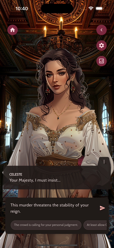 Uma cena de diálogo interativa em um palácio real com uma personagem feminina chamada Celeste no aplicativo Euphoria AI