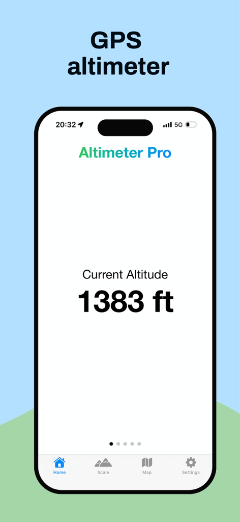 Altimeter Pro USA - iPhone screen showing the Altimeter Pro USA app interface with a current altitude reading of 1383 feet