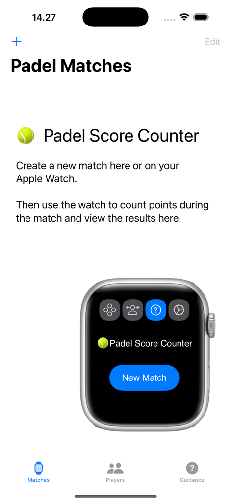 Padel Score Counter iPhone app interface displaying Apple Watch integration and new match setup