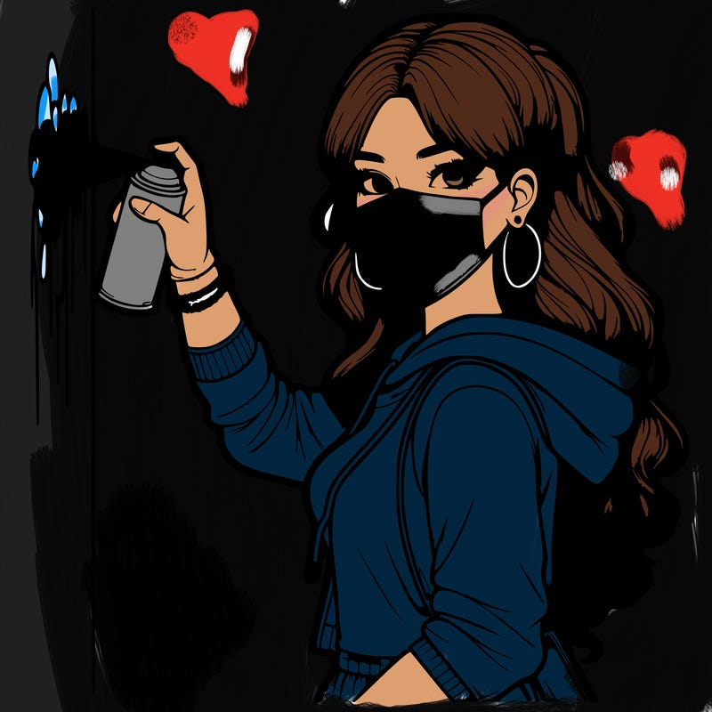 realistic girl with mask spray painting a wall