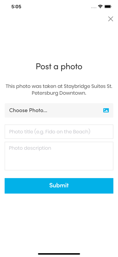 BringFido - Interface do aplicativo BringFido para fazer upload de uma foto com um título e descrição