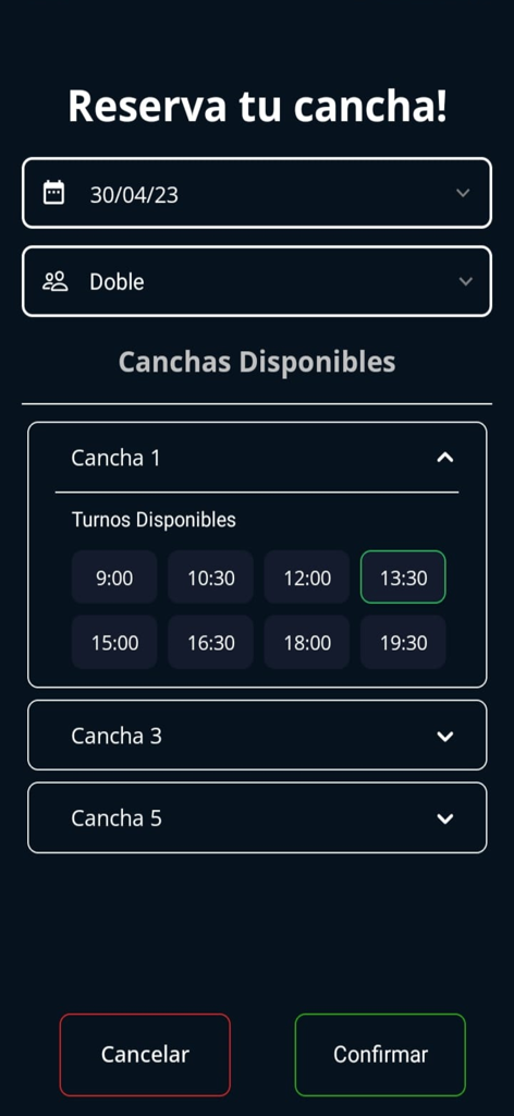 Pantalla de la aplicación Ferro Tenis Club que muestra las opciones de reserva de canchas de tenis y los horarios disponibles.