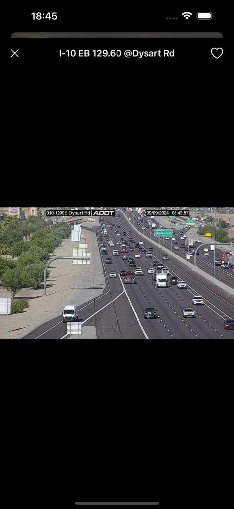 A real-time traffic camera view of I-10 Eastbound at Dysart Road in Arizona.