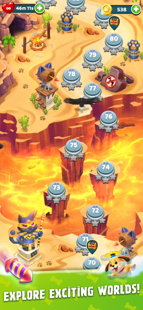 Bubble Shooter King - Level progression map in the desert world of Bubble Shooter King showing levels 70 to 80 and a puppy character.