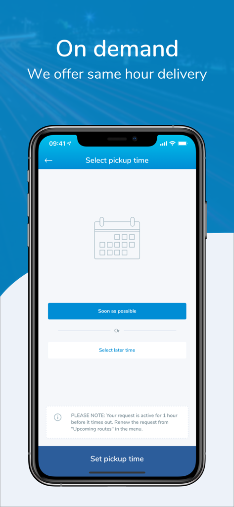 Interface do aplicativo Mover mostrando opções para selecionar um horário de coleta para entrega sob demanda