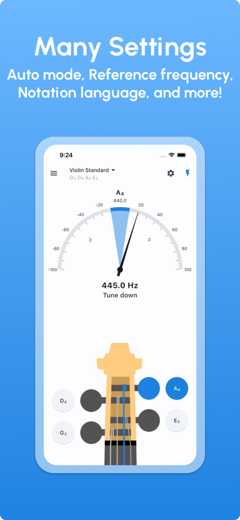 Interface of the Violin Tuner app showing precision pitch gauge and tuning settings.