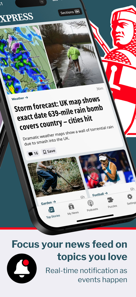 Die Benutzeroberfläche der Daily Express Nachrichten-App zeigt einen Newsfeed mit einer Wettervorhersage und einer Handlungsaufforderung für Echtzeit-Benachrichtigungen an.