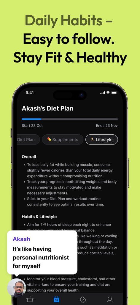 NutriScan: Calorie & Diet Plan - NutriScanアプリのインターフェース。毎日の健康習慣とユーザーの証言付きのパーソナライズドダイエットプランが表示されます。
