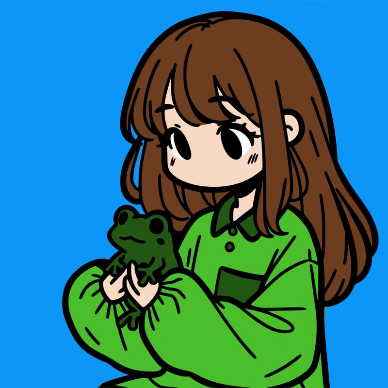 girl with long hair and a oversized shirt. and she is holding a frog