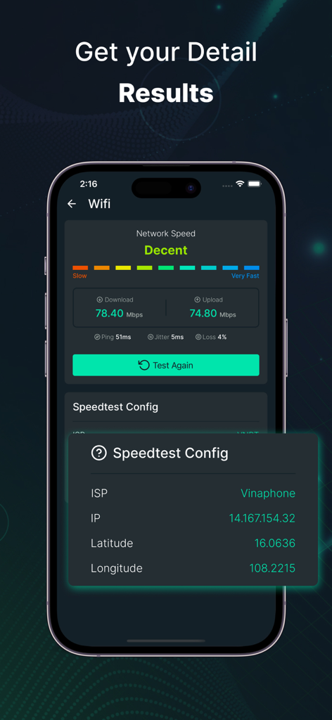 FastVPN 앱 화면에 상세한 Wi-Fi 속도 테스트 결과 및 네트워크 구성이 표시됩니다