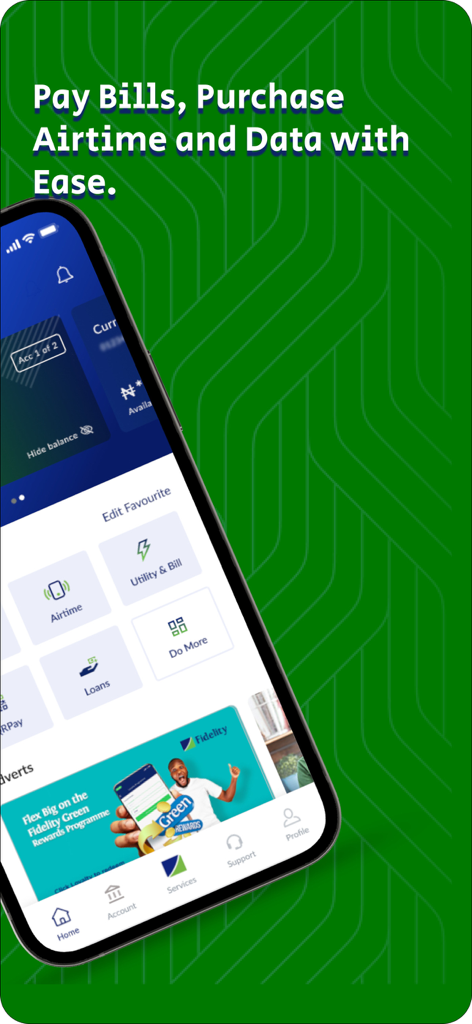 Interfaz de la aplicación Fidelity Online Banking que muestra opciones para el pago de facturas y compras de tiempo aire