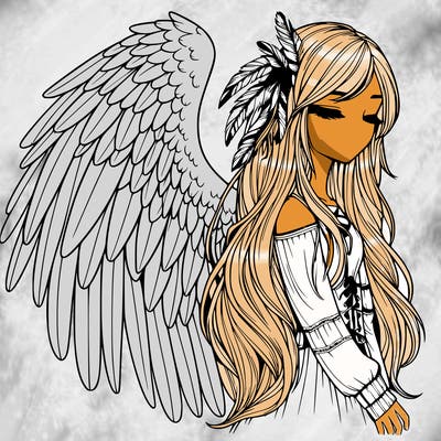 realistic girl with bird wings and some feathers in her hair