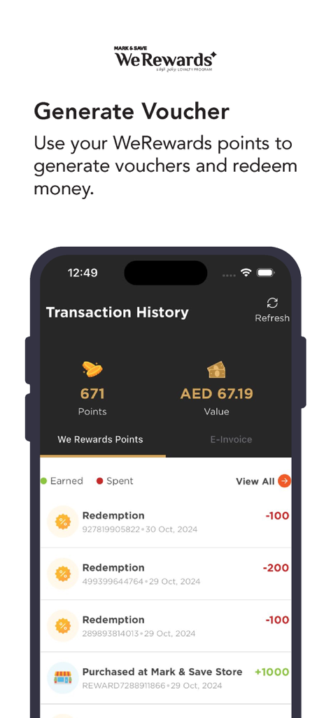 We Rewards - We Rewards app transaction history screen showing total points and voucher redemption history