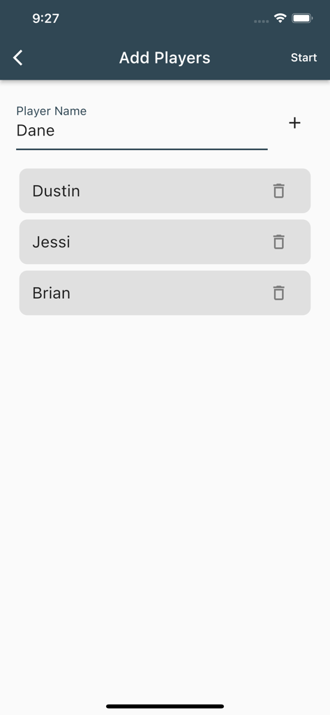 Add Players screen for the BANK! Dice Game showing a list of names for multiplayer setup.