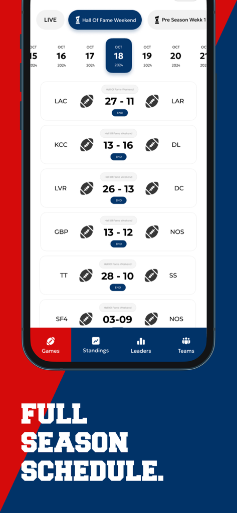 Streameast app screen showing full football season schedule with live scores
