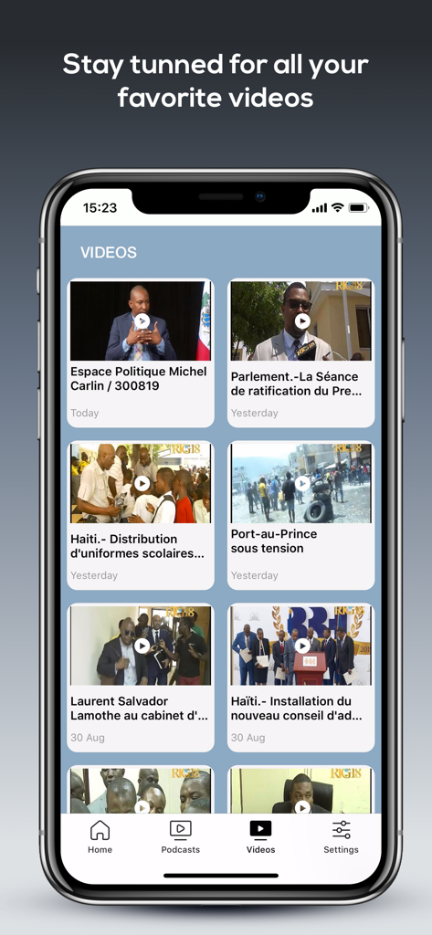 Radio Tele Ginen - A mobile screenshot of the Radio Tele Ginen app showing a gallery of news videos from Haiti.