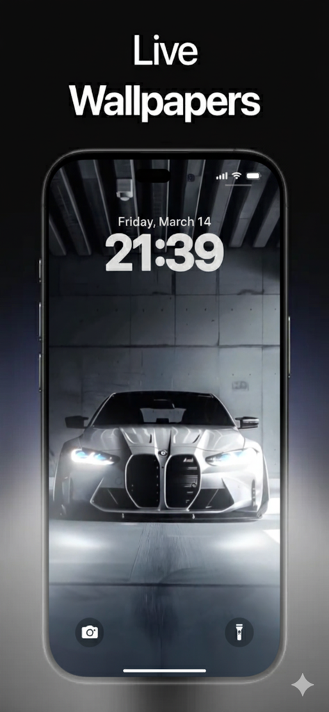 Wallify: 4K Live Wallpapers - Wallify app displaying a 4K live wallpaper of a silver sports car on an iPhone lock screen