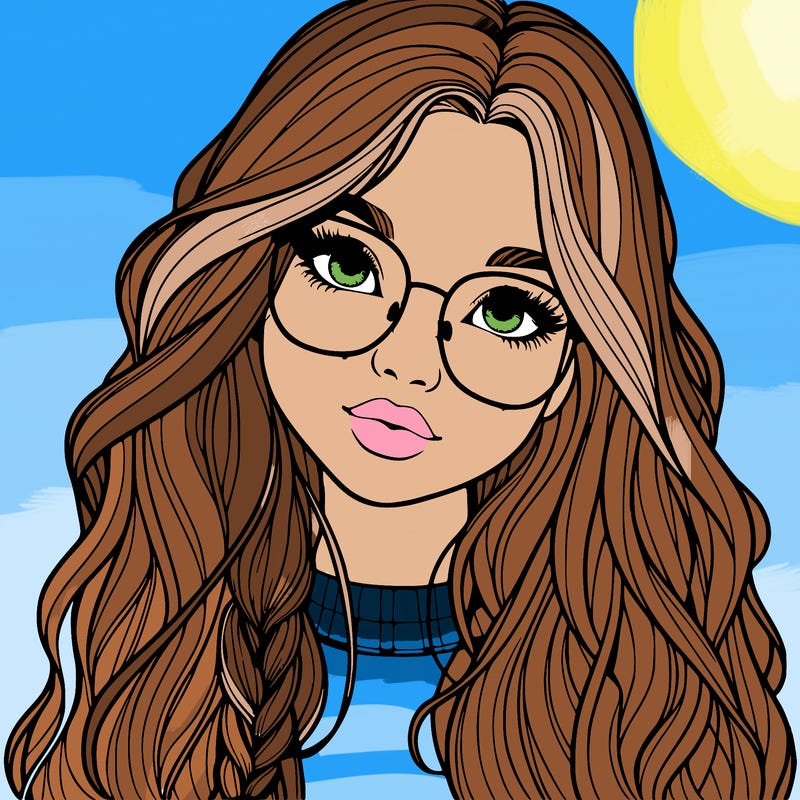 girl with long hair and freckles and glasses realistic