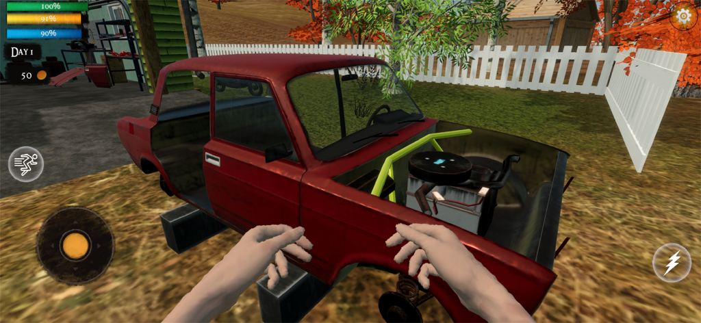 현실적인 모바일 시뮬레이션 게임에서 빨간색 자동차 엔진을 수리하는 1인칭 시점