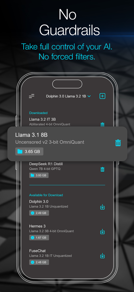 Local LLM: Private Secure Chat - Interface mobile montrant une liste de modèles IA non censurés téléchargeables avec le titre Pas de restrictions