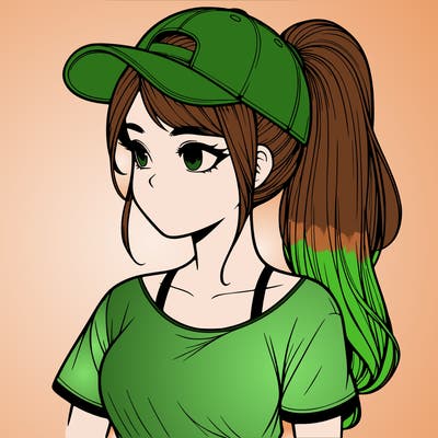 realistic looking girl with her hair in a really long ponytail and a base ball cap, t-shirt