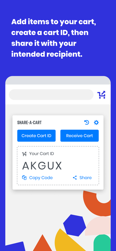 Share-A-Cart - Share-A-Cart mobile app screen showing a generated cart ID for sharing online shopping carts