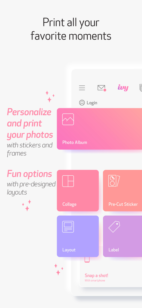 Canon Mini Print app interface showing photo collage layout and sticker options for IVY printers