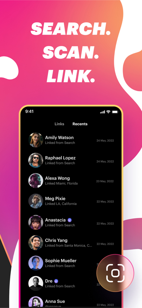 Linkme | Link, Network, Shout! - Schermata dell'app Linkme che mostra un elenco di connessioni utente recenti e un pulsante di scansione