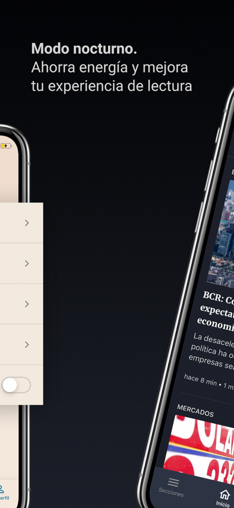 Interfaccia dell'app Gestión in modalità notturna che mostra notizie economiche peruviane e dati di mercato su un iPhone.