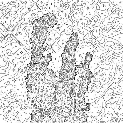 Embark on an epic artistic journey through space with this detailed coloring page of the Pillars of Creation. Explore the majestic star-forming structures of the Eagle Nebula, brought to life with intricate line art for a captivating coloring experience.