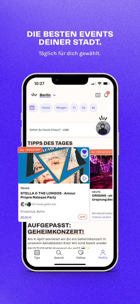 Rausgegangen mobile app interface showing expert curated daily event tips for Berlin