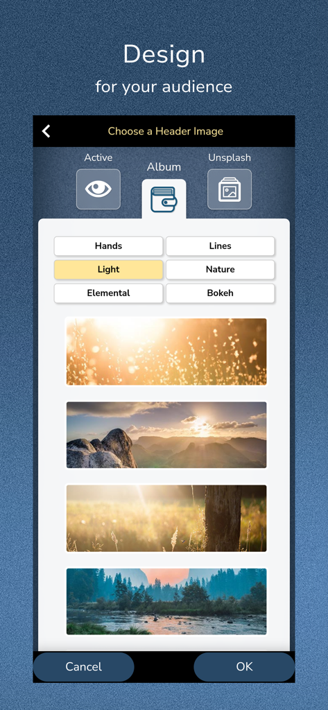 SimDif — Website Builder - Interface de l'application SimDif pour la sélection d'images d'en-tête de site web professionnelles avec des options de photos libres de droits