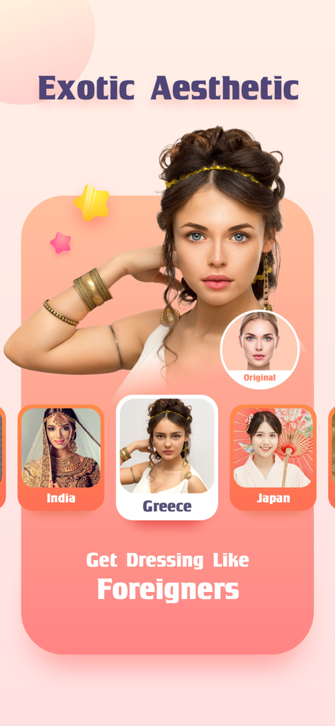 AI face filter in Lucky Life app showing exotic beauty transformations for different countries including Greece India and Japan.