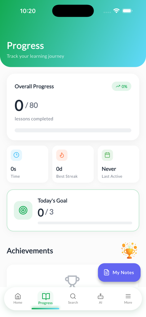 Un panel móvil que muestra el progreso del aprendizaje, el número de lecciones completadas y las rachas de codificación para el curso de MERN stack.