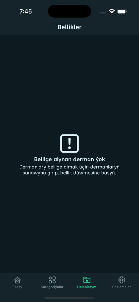 Melhem - Tela de favoritos vazia no aplicativo Melhem para rastrear medicamentos salvos