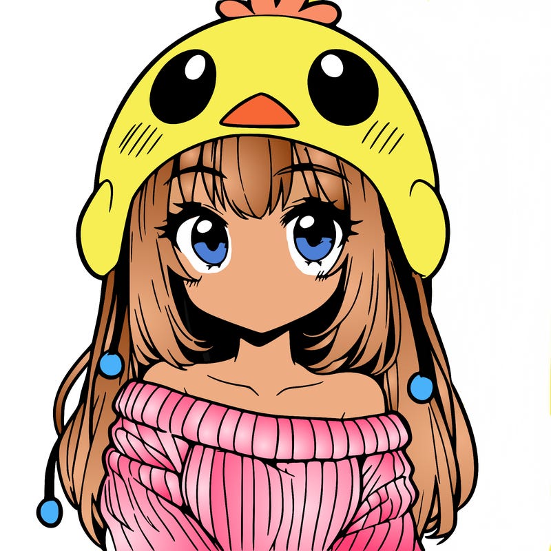 anime girl with chick shaped hat with sweater with bare shoulders with bangs covering them one eye with low tail