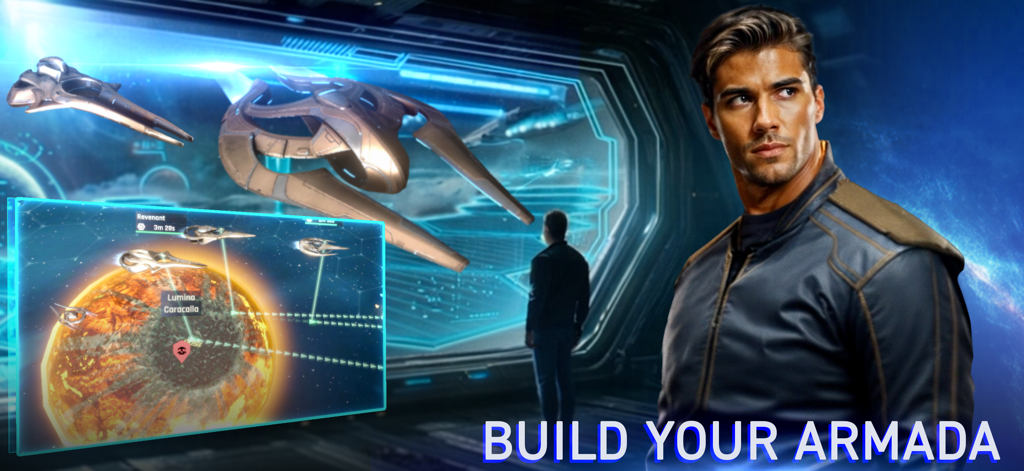 War of Nova - A sci-fi character standing next to spaceships and a tactical planet map with the text Build Your Armada