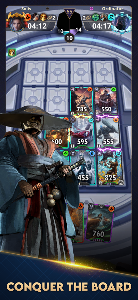 Cross The Ages: TCG - A samurai character stands before a tactical card game board in Cross The Ages TCG with the text Conquer The Board
