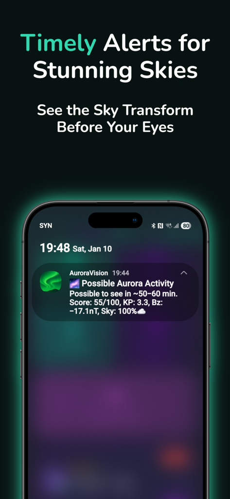 Aurora Vision - Uma tela de bloqueio de smartphone mostrando uma notificação do aplicativo Aurora Vision com um alerta para possível atividade da aurora boreal