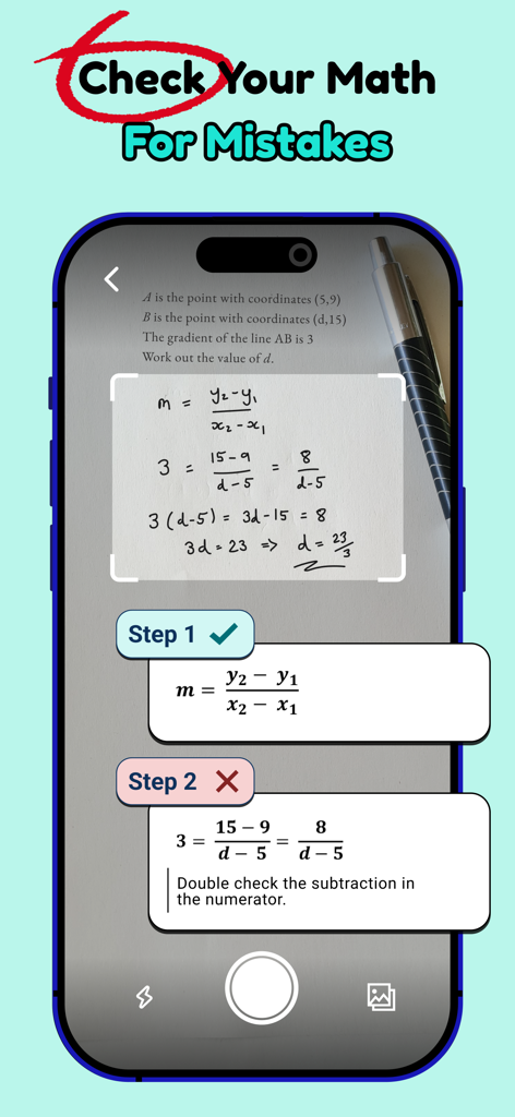 Stimy AI: Math Solver & Tutor - Stimy AI mobile app interface scanning handwritten math homework to identify errors and provide step by step feedback