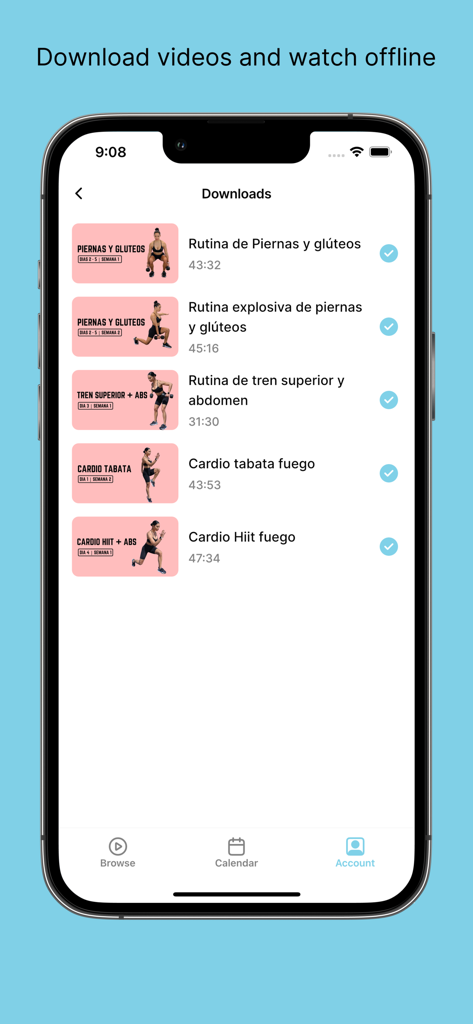 オフラインアクセス用のダウンロード済みワークアウトビデオのリストを表示するFitness by Viviアプリのインターフェース。