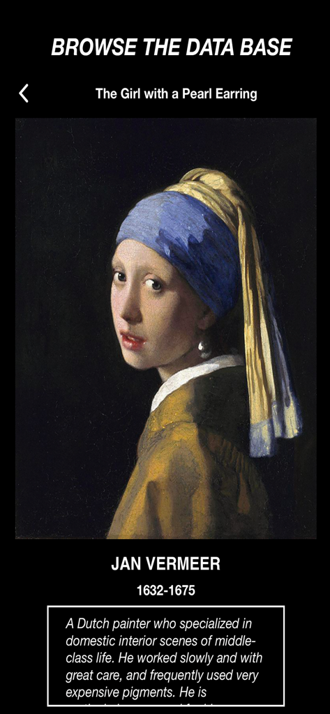 Learn Art - Art database screen showing The Girl with a Pearl Earring painting by Jan Vermeer