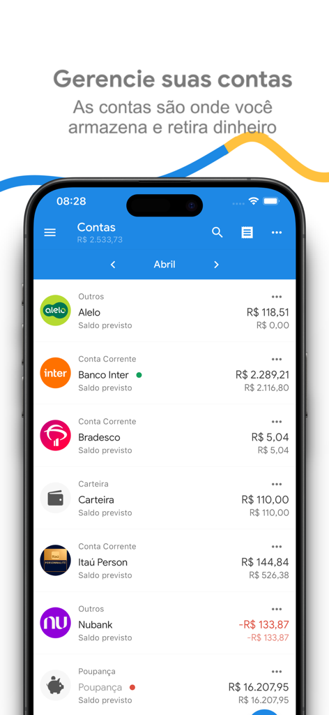 Pantalla de gestión de cuentas que muestra varios saldos bancarios y totales de billetera