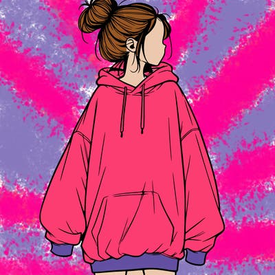 realistic girl with a oversized sweatshirt on and a bun