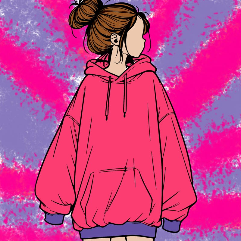 realistic girl with a oversized sweatshirt on and a bun