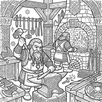 Step into a bustling fantasy forge with this detailed adult coloring page. Two diligent dwarf blacksmiths are hard at work, crafting magnificent items amidst ornate dwarven architecture, perfect for hours of relaxing artistic engagement.